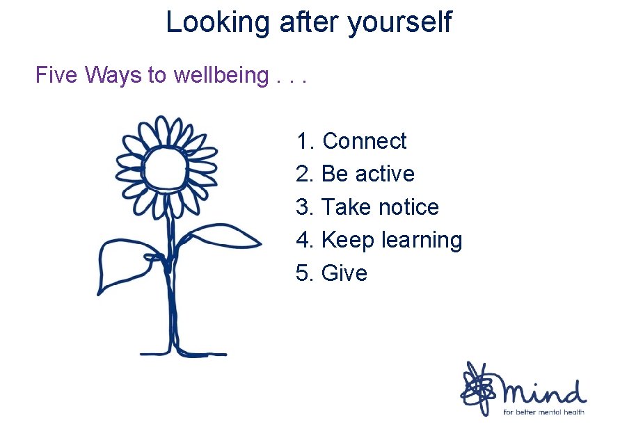 Looking after yourself Five Ways to wellbeing. . . 1. Connect 2. Be active