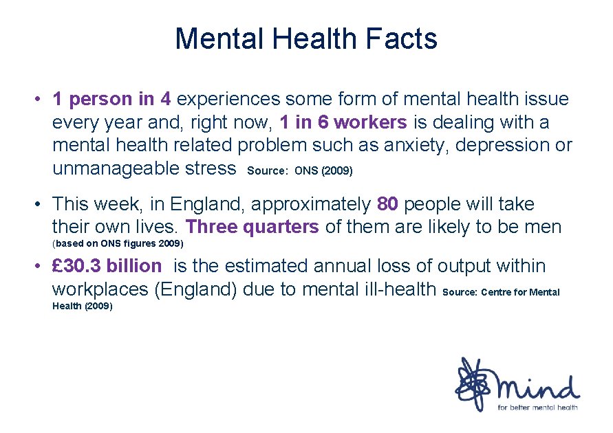 Mental Health Facts • 1 person in 4 experiences some form of mental health