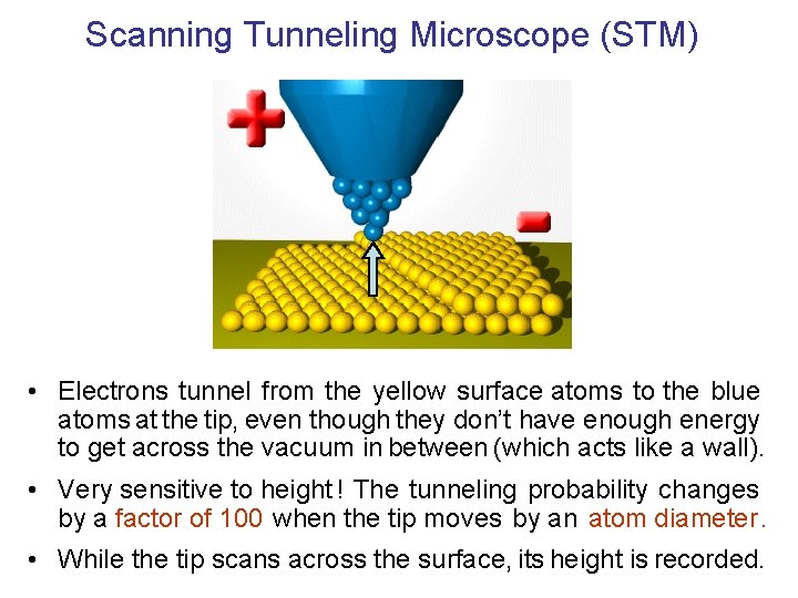 Scanning Tunneling Microscope (STM) • Electrons tunnel from the yellow surface atoms to the