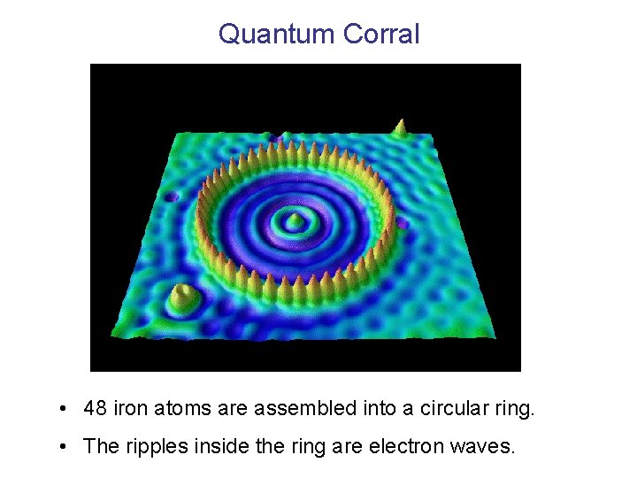 Quantum Corral • 48 iron atoms are assembled into a circular ring. • The