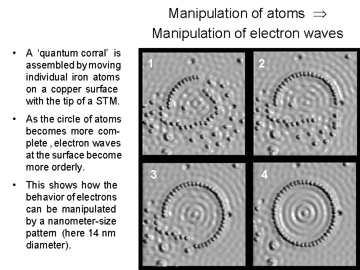 Manipulation of atoms Manipulation of electron waves • A ‘quantum corral’ is assembled by