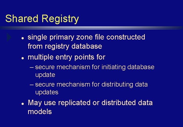 Shared Registry l l single primary zone file constructed from registry database multiple entry