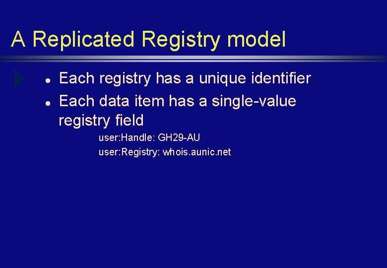 A Replicated Registry model l l Each registry has a unique identifier Each data