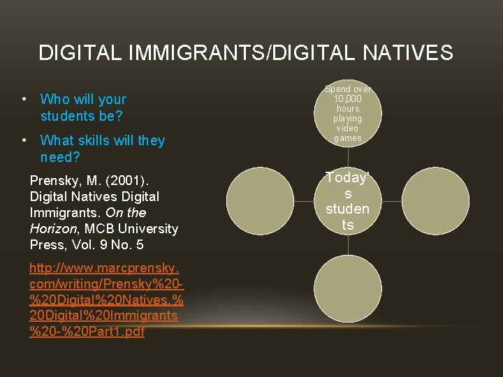 DIGITAL IMMIGRANTS/DIGITAL NATIVES • Who will your students be? • What skills will they
