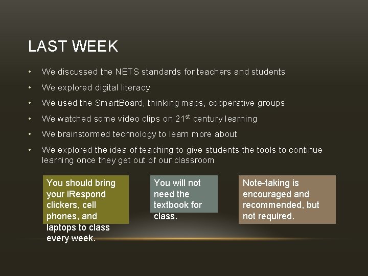 LAST WEEK • We discussed the NETS standards for teachers and students • We