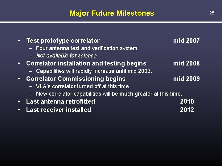 Major Future Milestones • Test prototype correlator 25 mid 2007 – Four antenna test