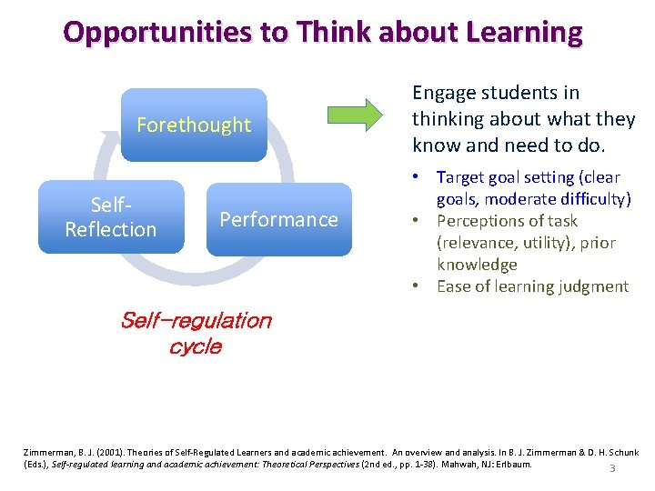 Opportunities to Think about Learning Forethought Self. Reflection Performance Engage students in thinking about Opportunities to Think about Learning Forethought Self. Reflection Performance Engage students in thinking about