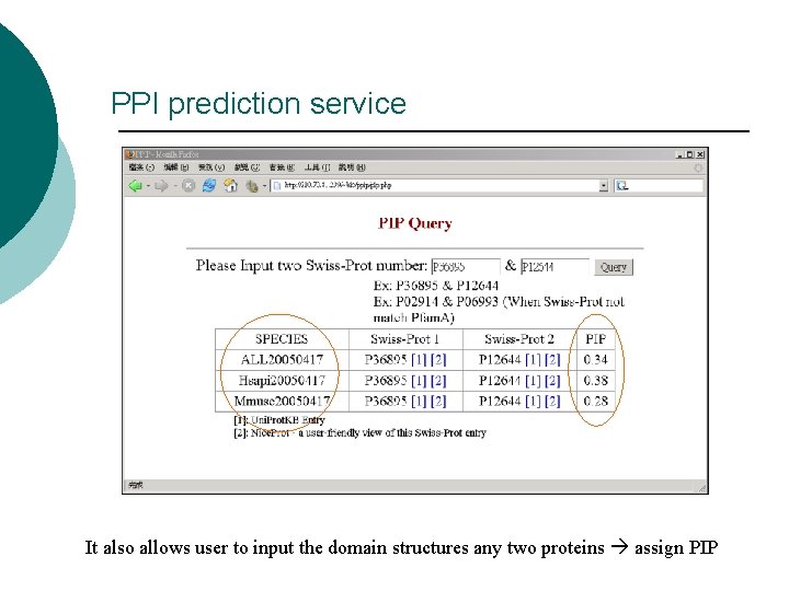 PPI prediction service It also allows user to input the domain structures any two PPI prediction service It also allows user to input the domain structures any two