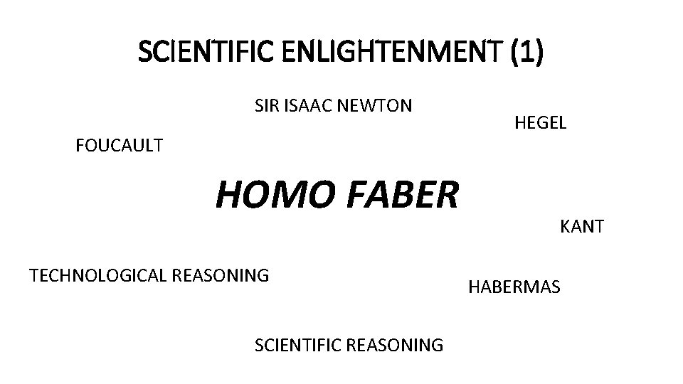 SCIENTIFIC ENLIGHTENMENT (1) SIR ISAAC NEWTON FOUCAULT HOMO FABER TECHNOLOGICAL REASONING SCIENTIFIC REASONING HEGEL