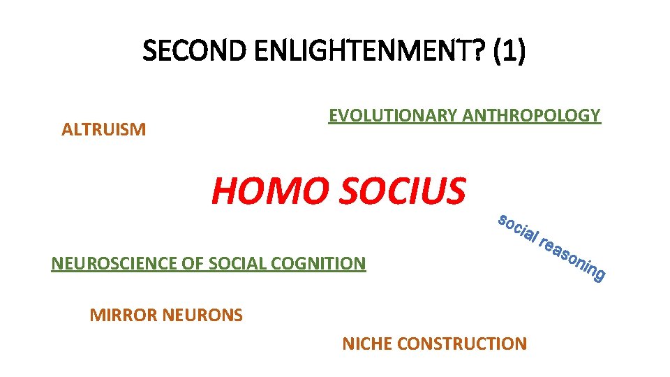 SECOND ENLIGHTENMENT? (1) EVOLUTIONARY ANTHROPOLOGY ALTRUISM HOMO SOCIUS so c ial NEUROSCIENCE OF SOCIAL
