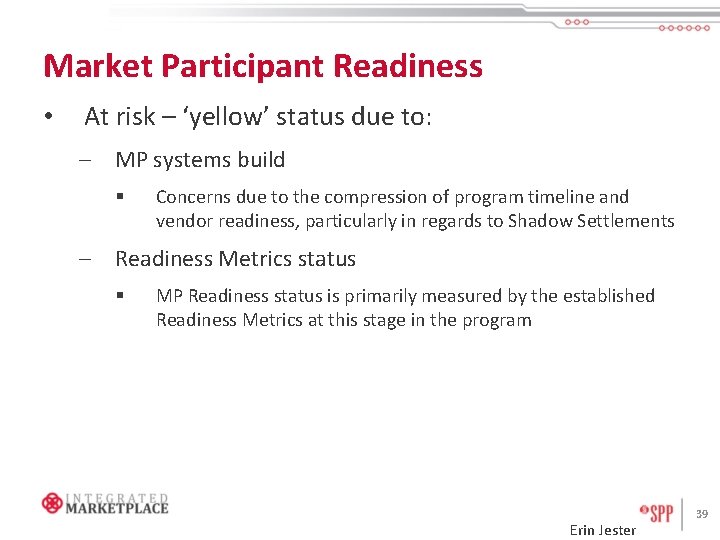 Market Participant Readiness • At risk – ‘yellow’ status due to: – MP systems
