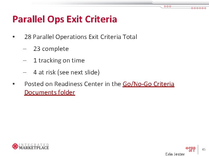 Parallel Ops Exit Criteria • 28 Parallel Operations Exit Criteria Total – 23 complete