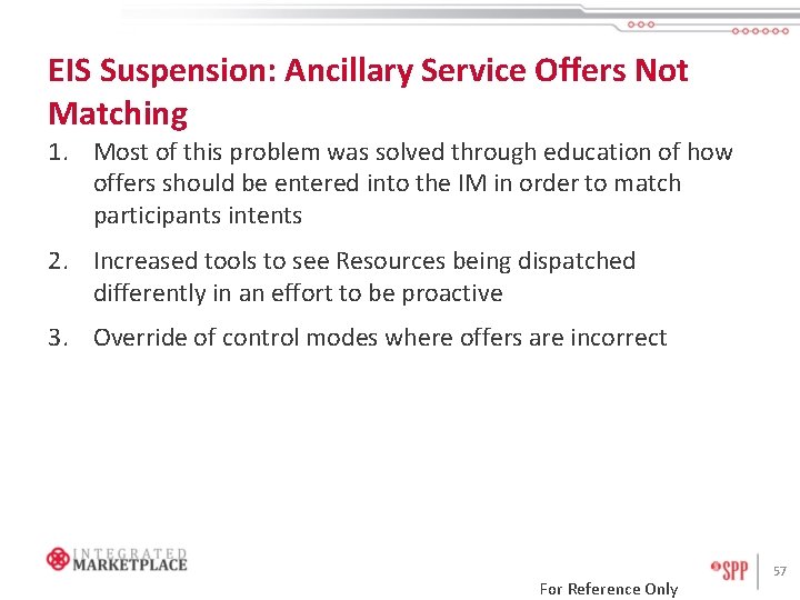 EIS Suspension: Ancillary Service Offers Not Matching 1. Most of this problem was solved