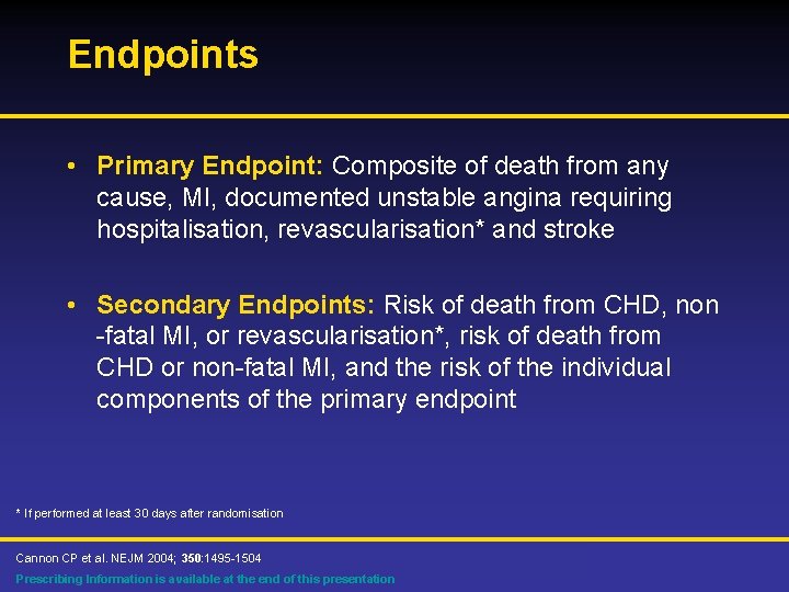 Endpoints • Primary Endpoint: Composite of death from any cause, MI, documented unstable angina