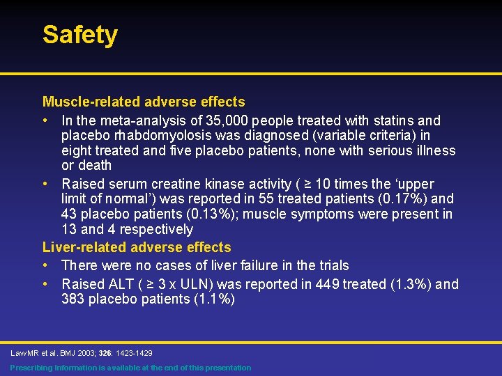 Safety Muscle-related adverse effects • In the meta-analysis of 35, 000 people treated with