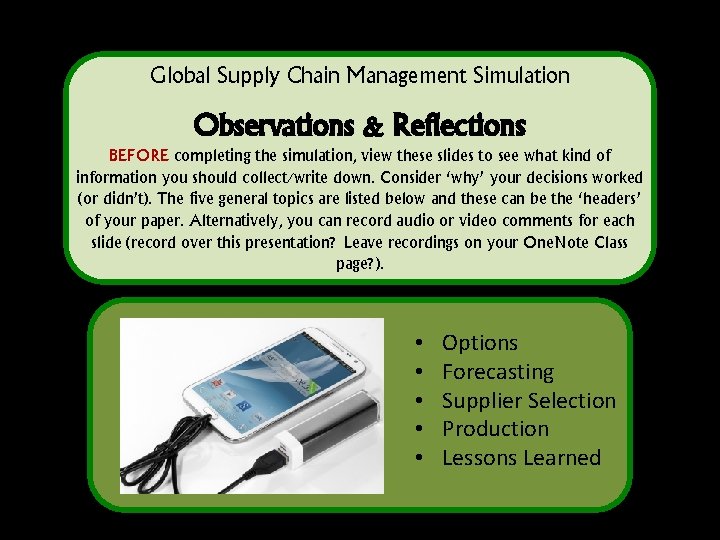 Global Supply Chain Management Simulation Observations & Reflections BEFORE completing the simulation, view these