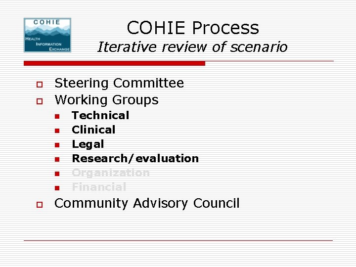 COHIE Process Iterative review of scenario o o Steering Committee Working Groups n n