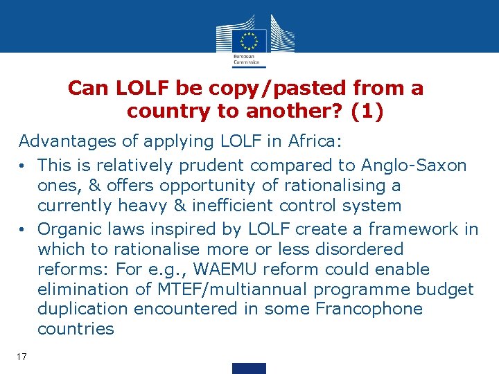 Can LOLF be copy/pasted from a country to another? (1) Advantages of applying LOLF