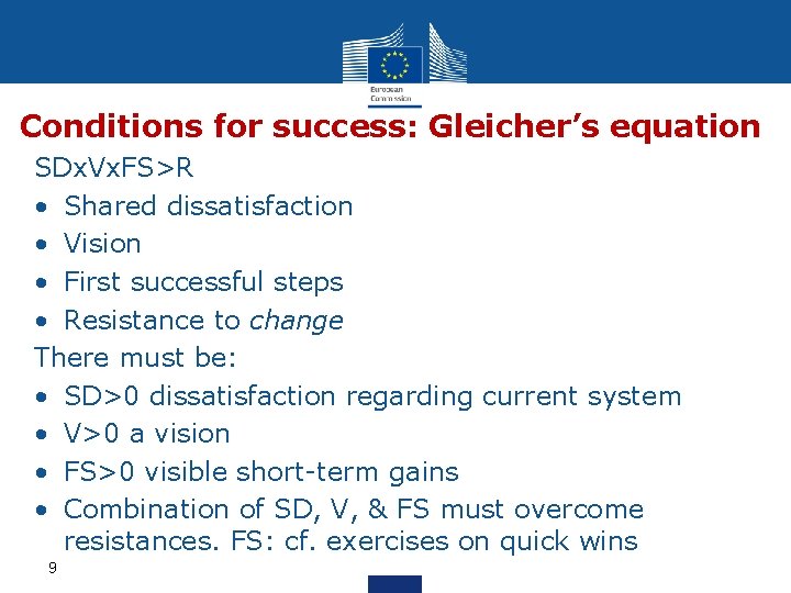 Conditions for success: Gleicher’s equation SDx. Vx. FS>R • Shared dissatisfaction • Vision •