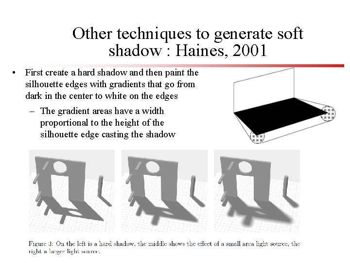 Other techniques to generate soft shadow : Haines, 2001 • First create a hard