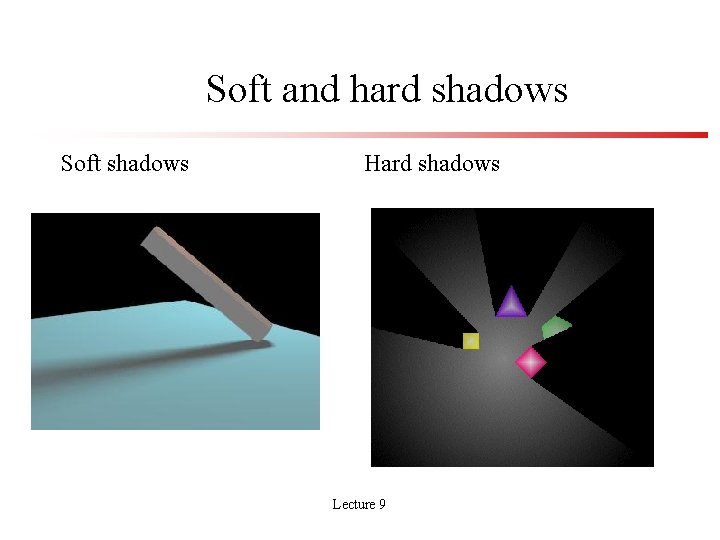 Soft and hard shadows Soft shadows Hard shadows Lecture 9 