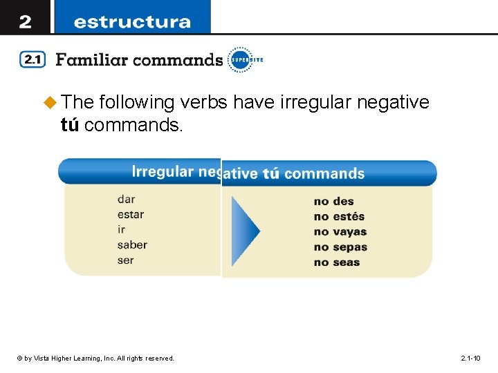 u The following verbs have irregular negative tú commands. © by Vista Higher Learning, u The following verbs have irregular negative tú commands. © by Vista Higher Learning,