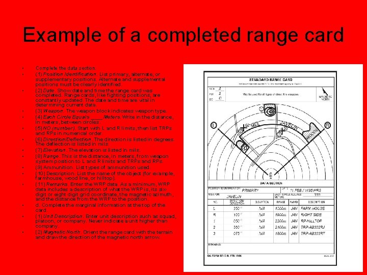 Example of a completed range card • • • • Complete the data section.