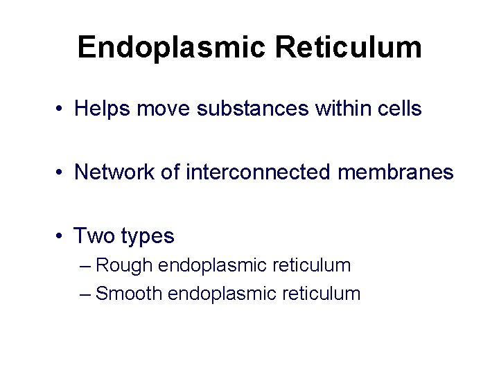 Endoplasmic Reticulum • Helps move substances within cells • Network of interconnected membranes • Endoplasmic Reticulum • Helps move substances within cells • Network of interconnected membranes •