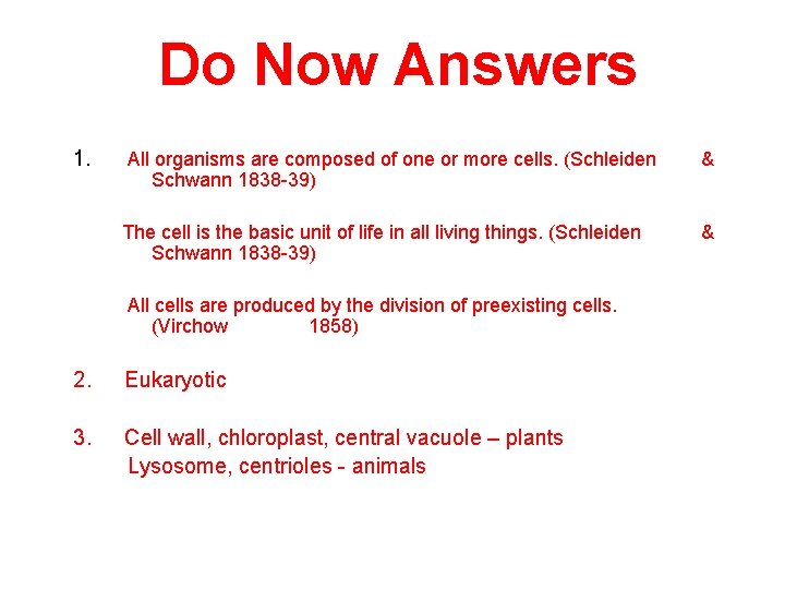 Do Now Answers 1. All organisms are composed of one or more cells. (Schleiden Do Now Answers 1. All organisms are composed of one or more cells. (Schleiden