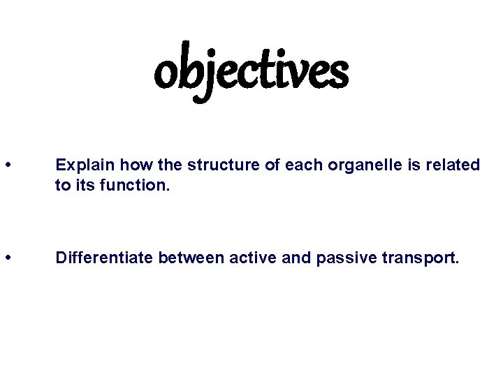 objectives • Explain how the structure of each organelle is related to its function. objectives • Explain how the structure of each organelle is related to its function.