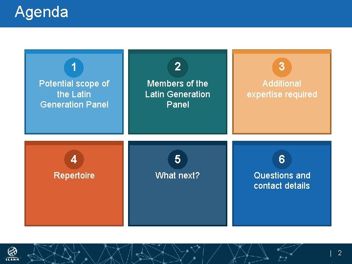 Agenda 1 2 3 Potential scope of the Latin Generation Panel Members of the