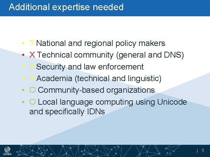 Additional expertise needed • • • 5 ? National and regional policy makers X