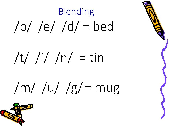 Blending /b/ /e/ /d/ = bed /t/ /i/ /n/ = tin /m/ /u/ /g/ Blending /b/ /e/ /d/ = bed /t/ /i/ /n/ = tin /m/ /u/ /g/