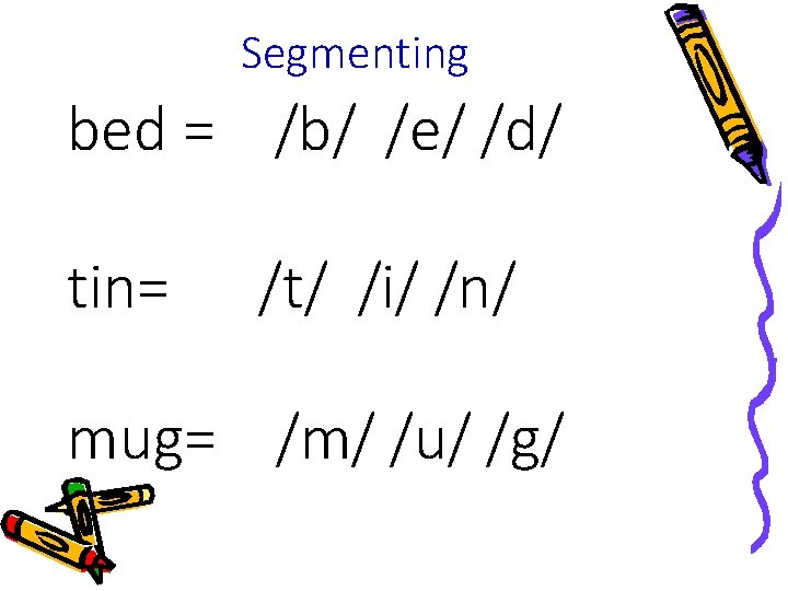 Segmenting bed = /b/ /e/ /d/ tin= /t/ /i/ /n/ mug= /m/ /u/ /g/ Segmenting bed = /b/ /e/ /d/ tin= /t/ /i/ /n/ mug= /m/ /u/ /g/