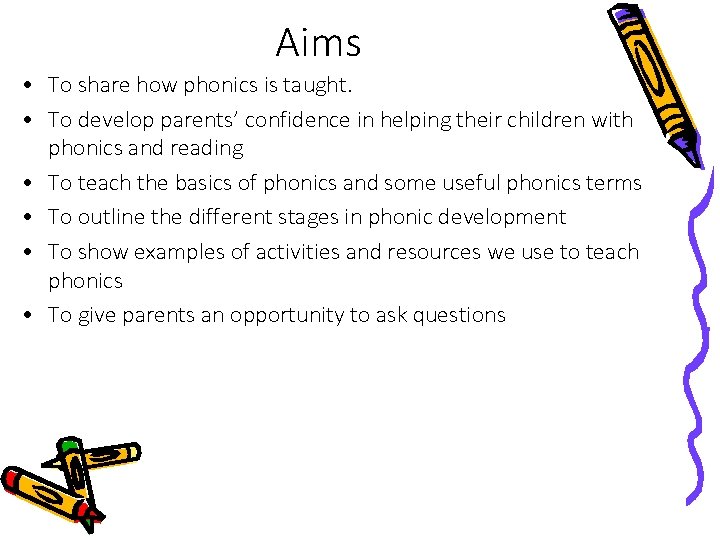 Aims • To share how phonics is taught. • To develop parents’ confidence in Aims • To share how phonics is taught. • To develop parents’ confidence in