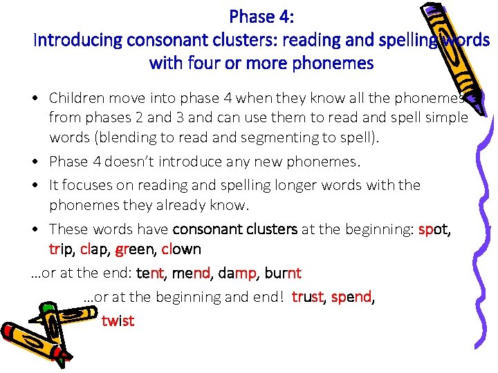 Phase 4: Introducing consonant clusters: reading and spelling words with four or more phonemes Phase 4: Introducing consonant clusters: reading and spelling words with four or more phonemes