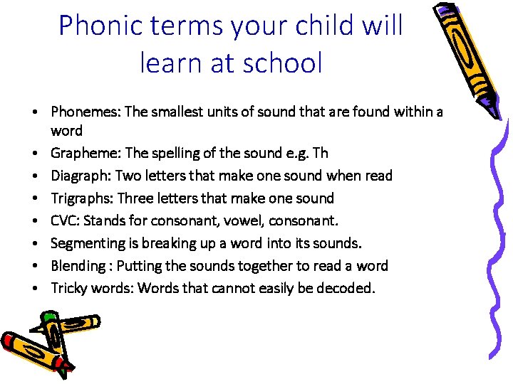 Phonic terms your child will learn at school • Phonemes: The smallest units of Phonic terms your child will learn at school • Phonemes: The smallest units of