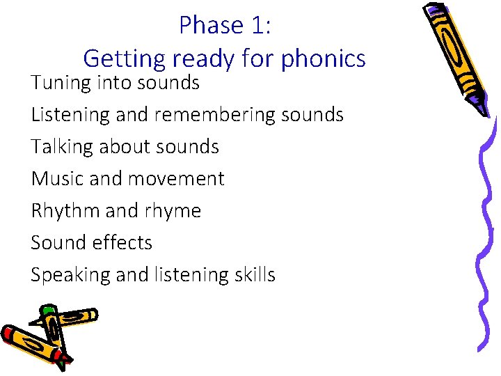 Phase 1: Getting ready for phonics Tuning into sounds Listening and remembering sounds Talking Phase 1: Getting ready for phonics Tuning into sounds Listening and remembering sounds Talking