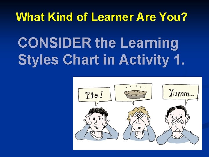 What Kind of Learner Are You? CONSIDER the Learning Styles Chart in Activity 1.