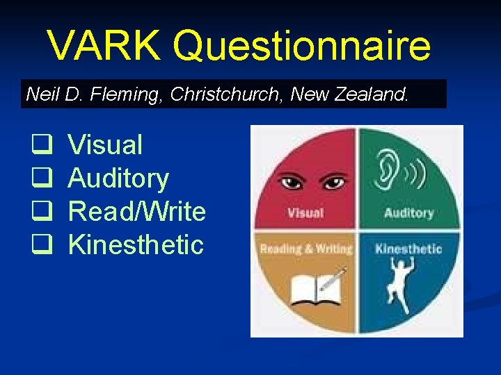 VARK Questionnaire Neil D. Fleming, Christchurch, New Zealand. q q Visual Auditory Read/Write Kinesthetic