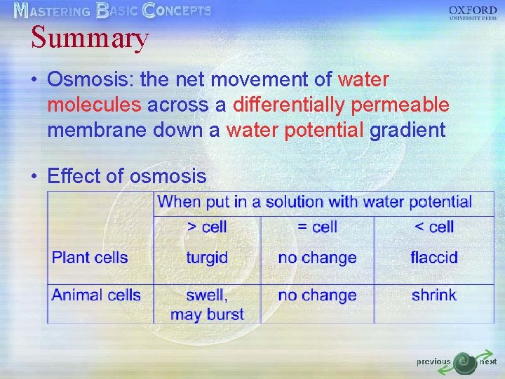 Summary • Osmosis: the net movement of water molecules across a differentially permeable membrane