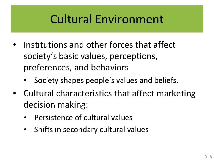 Cultural Environment • Institutions and other forces that affect society’s basic values, perceptions, preferences,