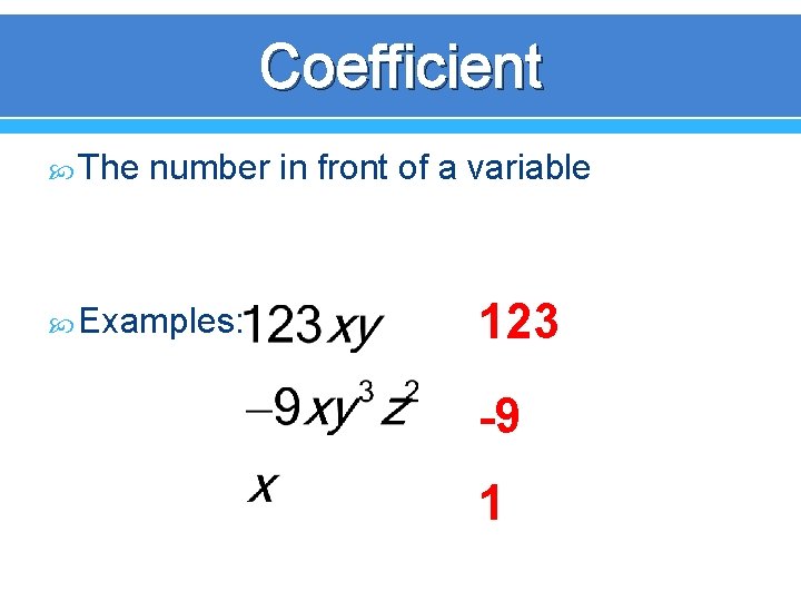 Coefficient The number in front of a variable Examples: 123 -9 1 