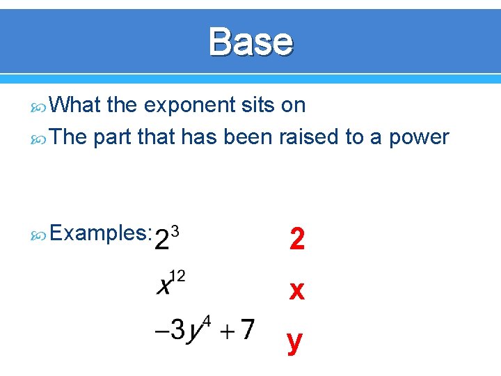 Base What the exponent sits on The part that has been raised to a