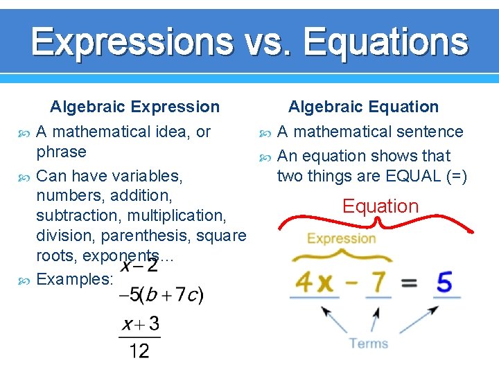 Expressions vs. Equations Algebraic Expression A mathematical idea, or phrase Can have variables, numbers,