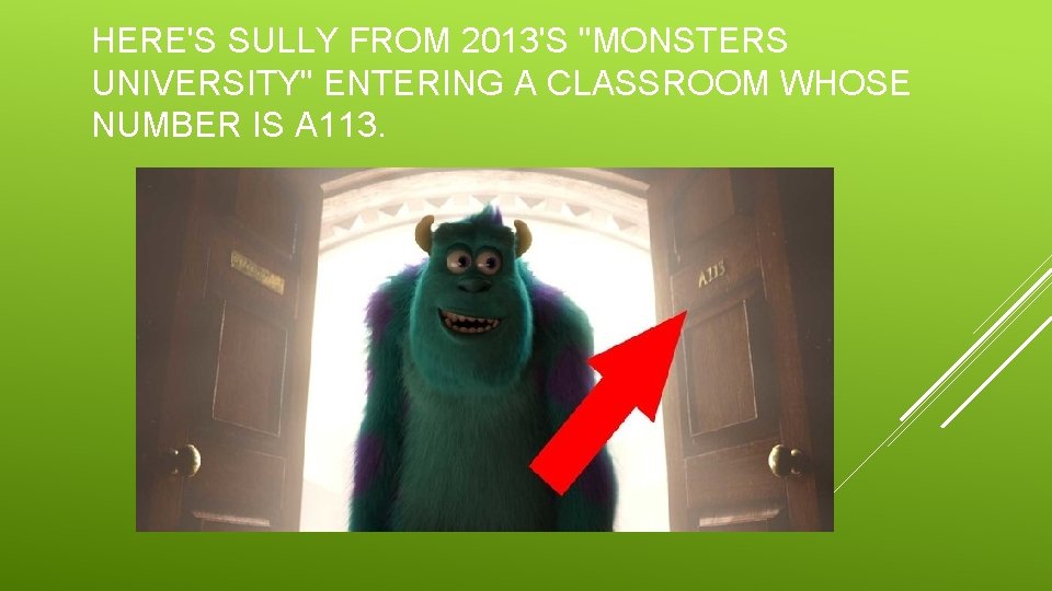 HERE'S SULLY FROM 2013'S "MONSTERS UNIVERSITY" ENTERING A CLASSROOM WHOSE NUMBER IS A 113.