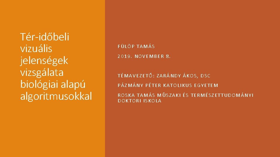 Tér-időbeli vizuális jelenségek vizsgálata biológiai alapú algoritmusokkal FÜLÖP TAMÁS 2019. NOVEMBER 8. TÉMAVEZETŐ: ZARÁNDY