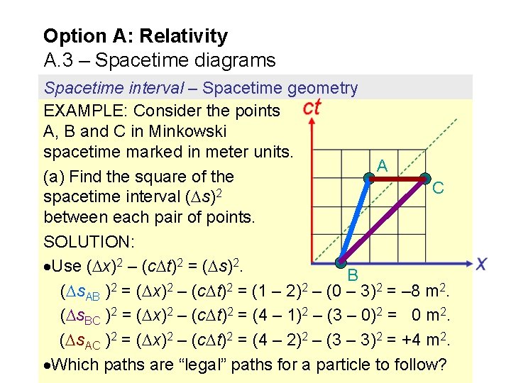 Option A: Relativity A. 3 – Spacetime diagrams Spacetime interval – Spacetime geometry EXAMPLE: