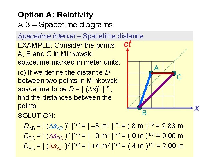 Option A: Relativity A. 3 – Spacetime diagrams Spacetime interval – Spacetime distance EXAMPLE: