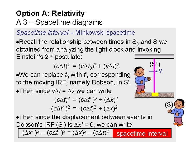 Option A: Relativity A. 3 – Spacetime diagrams Spacetime interval – Minkowski spacetime Recall